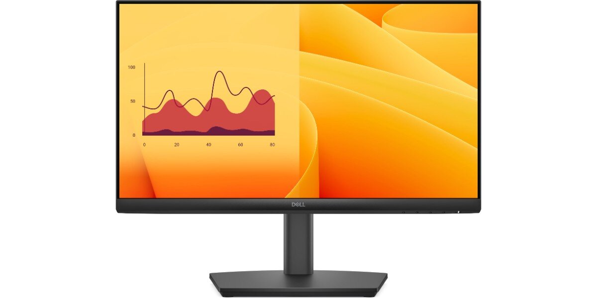 Monitor z cienkimi ramkami wyświetla wykres liniowy i obszarowy na tle w odcieniach pomarańczowego. Na dolnej ramce widoczne jest logo 'Dell'.