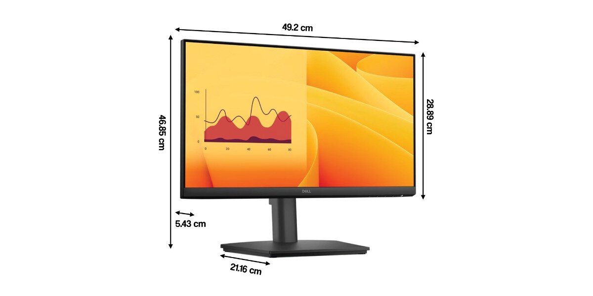 Na zdjęciu znajduje się monitor marki Dell z wyświetlaczem pokazującym wykres na pomarańczowym tle. Wymiary monitora to 49,2 cm szerokości, 28,89 cm wysokości ekranu, 46,85 cm całkowitej wysokości oraz 21,16 cm głębokości podstawy, z logo 'Dell' widocznym na dolnej ramce.