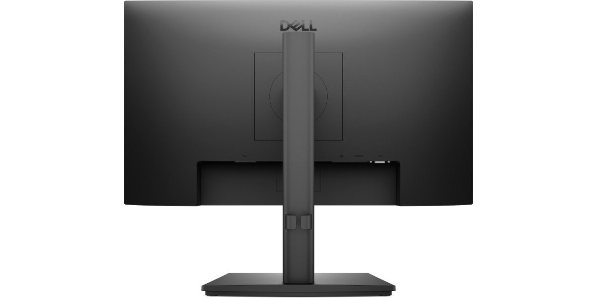 Czarny monitor marki DELL widziany od tyłu, z centralnie umieszczoną podstawą i logo 'DELL' na górze obudowy. Na obudowie widoczne są porty HDMI i inne złącza.