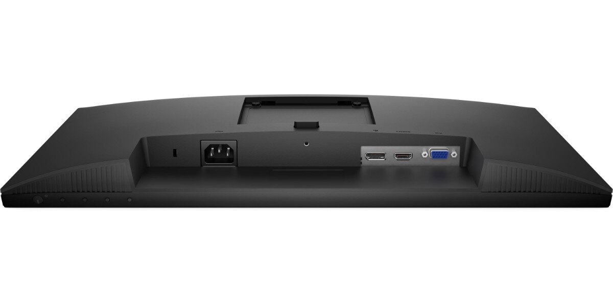 Zdjęcie przedstawia tylną część monitora z widocznymi portami: zasilania, dwóch HDMI i VGA. Obudowa monitora jest czarna, a powierzchnia wokół portów ma matowe wykończenie.