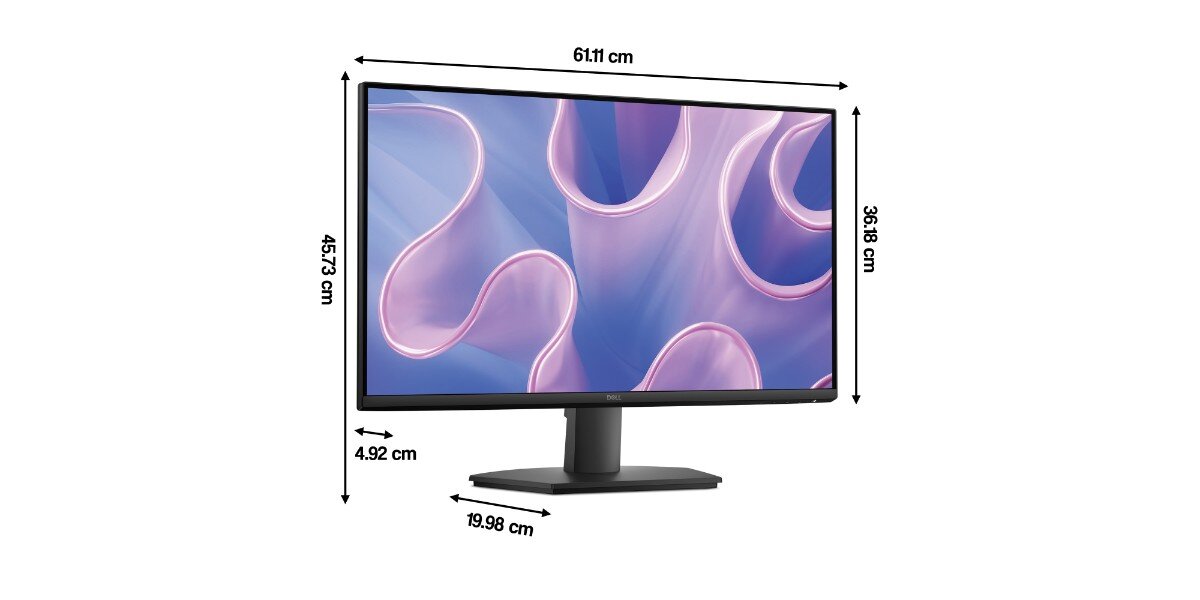Monitor marki Dell o przekątnej 27 cali z wyświetlaczem o rozdzielczości 1920x1080 pikseli, z częstotliwością odświeżania 100Hz, przedstawiony na białym tle z wymiarami: szerokość 61,11 cm, wysokość 45,73 cm, głębokość 19,98 cm, wysokość ekranu 36,18 cm, grubość ramki 4,92 cm. Na ekranie widoczna jest abstrakcyjna grafika w odcieniach różu i fioletu.
