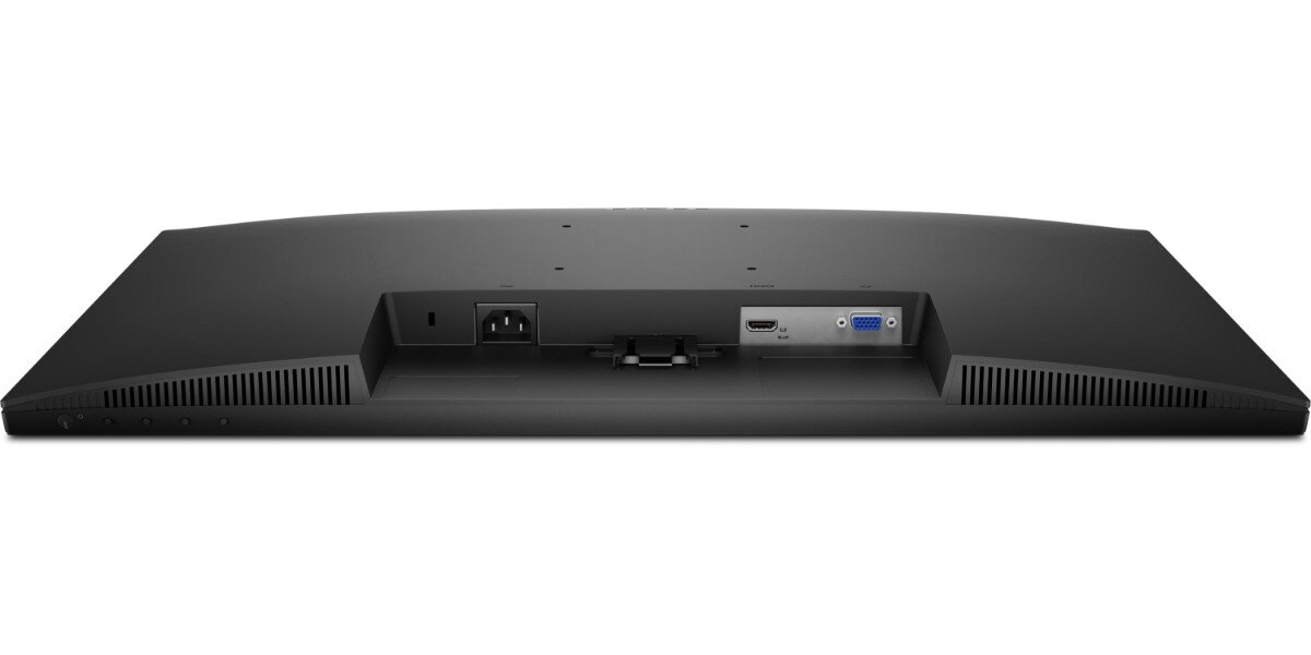 Czarny monitor z tyłu, z widocznymi portami: zasilania, HDMI i VGA. Po bokach znajdują się otwory wentylacyjne.