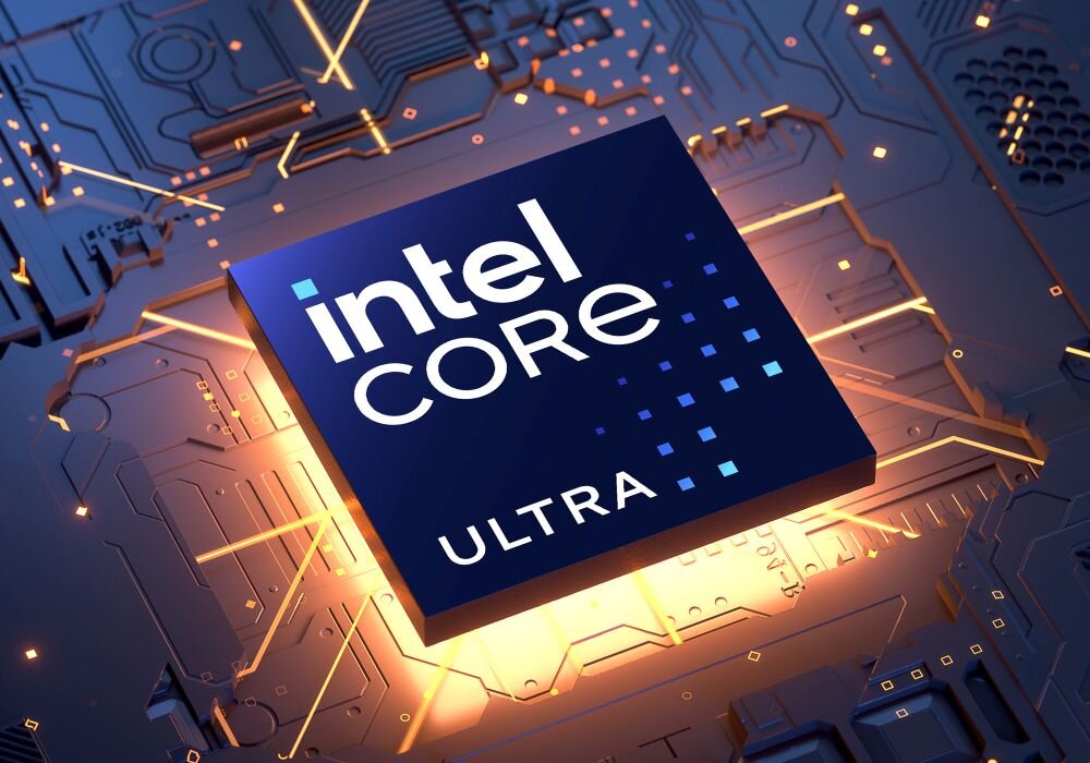 Procesor Intel Core Ultra na niebieskiej płycie głównej z dynamicznymi połączeniami świetlnymi i efektami elektronicznymi, wizualizacja zaawansowanej technologii w laptopach HP EliteBook X Flip. - procesor Intel Core Ultra