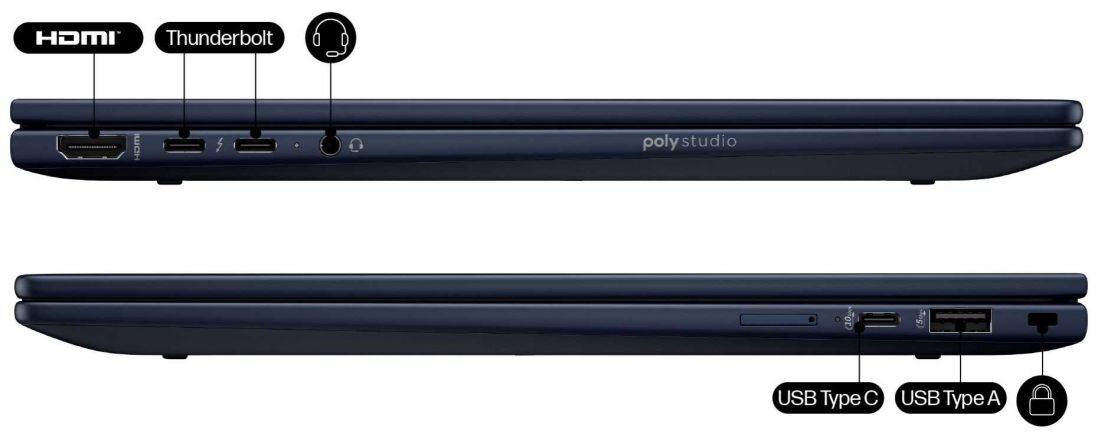 Porty i złącza w laptopie HP EliteBook X Flip – szczegółowy widok lewej i prawej strony z opisanymi portami HDMI, Thunderbolt, USB Type-C, USB Type-A, gniazdem audio i przyciskiem zasilania w ciemnoniebieskiej obudowie z logo polystudio. - Thunderbolt 4, USB-A, HDMI 2.1