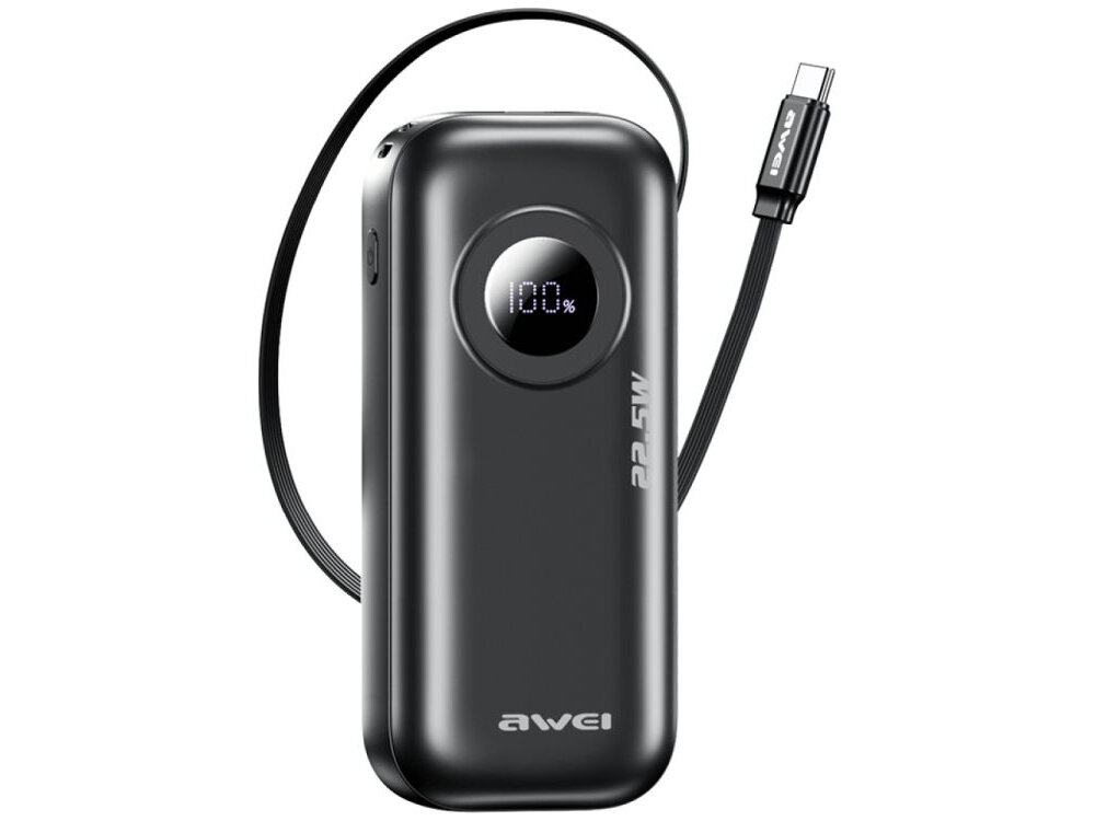 Powerbank AWEI PA-9 10000mAh 25W - powerbank na bialym tle, podroz, moc, ladowanie dlugosc, kabel