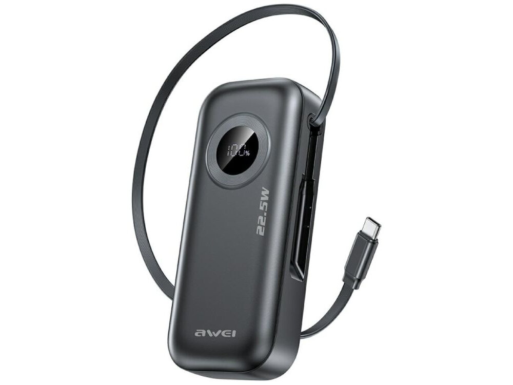 Powerbank AWEI PA-9 10000mAh 25W - powerbank na bialym tle, akumulator, ladowanie, ochrona, zintegrowany kabel, zasilanie, wymiary, obudowa