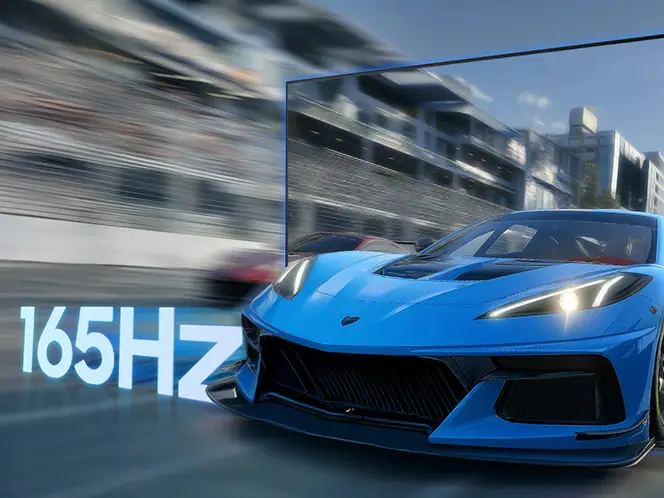 664x498 motion xcelerator 165hz blue s95f Widoczny na obrazku niebieski samochód wyścigowy z napisem 165 Hz.