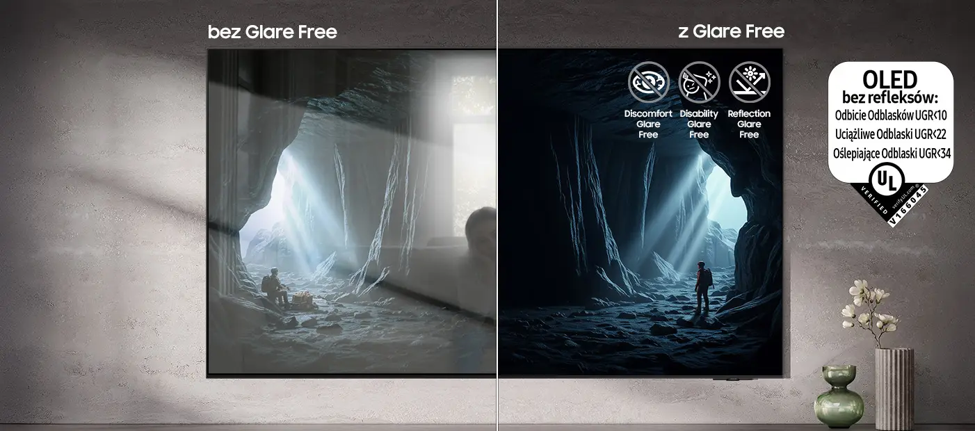 970x620 2025 s95f top-4 glare-free pc s95f Ekran bez Glare Free ma refleksy, a z Glare Free pokazuje wyraźny widok gór. Logo zweryfikowane przez UL.com® V166045.