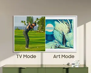 TV Samsung The Frame ma podzielony ekran, po lewej wyświetla grę, po prawej dzieło sztuki.