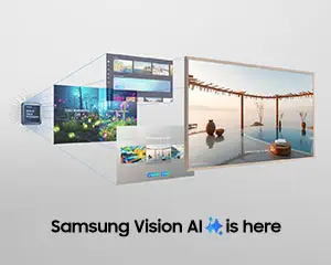 Z procesora w tyle rozchodzą się ekrany TV ilustrujące funkcjonalności Samsung Vision AI.