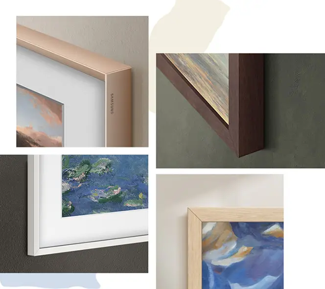 Zbliżenia wymiennych ramek telewizora The Frame w różnych kolorach.