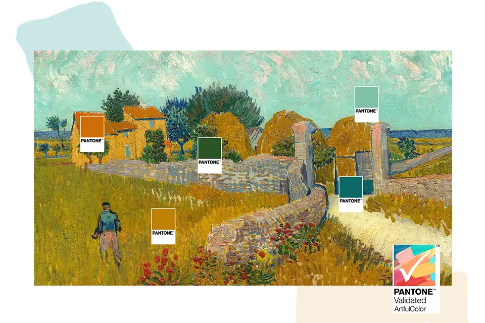 Małe karty podkreślają konkretne kolory certyfikowane przez PANTONE w projekcie. Logo ArtfulColor z certyfikatem PANTONE™.