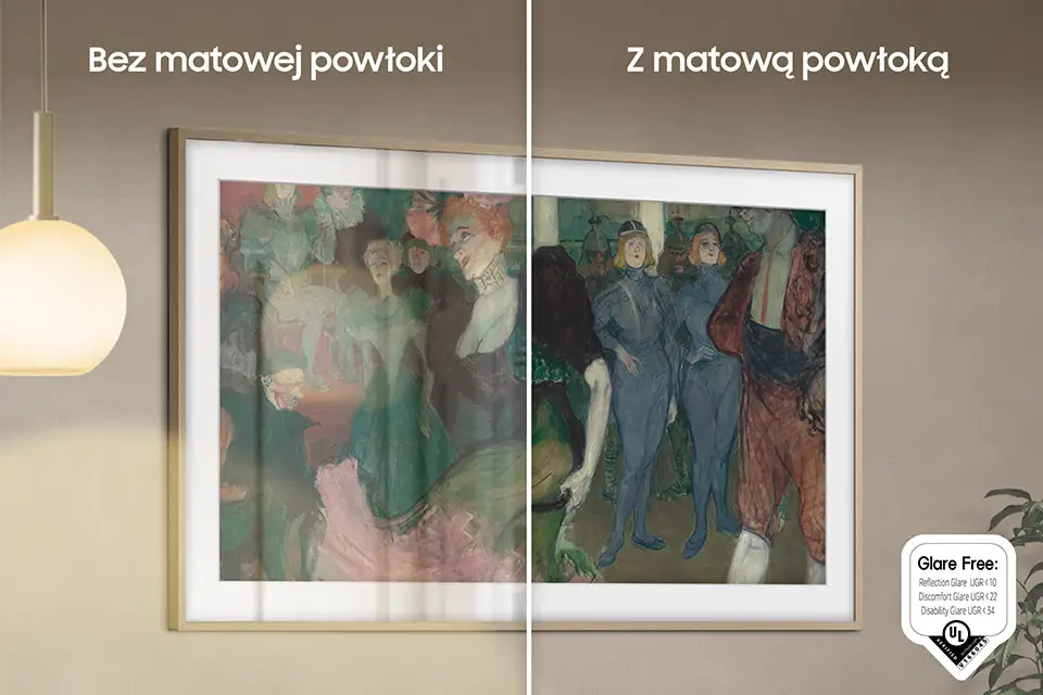 The Frame pokazuje Tryb TV i Tryb Sztuki, Brak Odblasków (Dyskomfort<22, Utrata widoczności<34), autentyczne kolory PANTONE™.