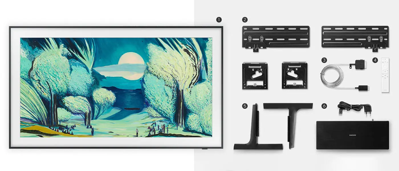 Obrazek przedstawia komplet części zakupionych razem z Samsung The Frame (2025).