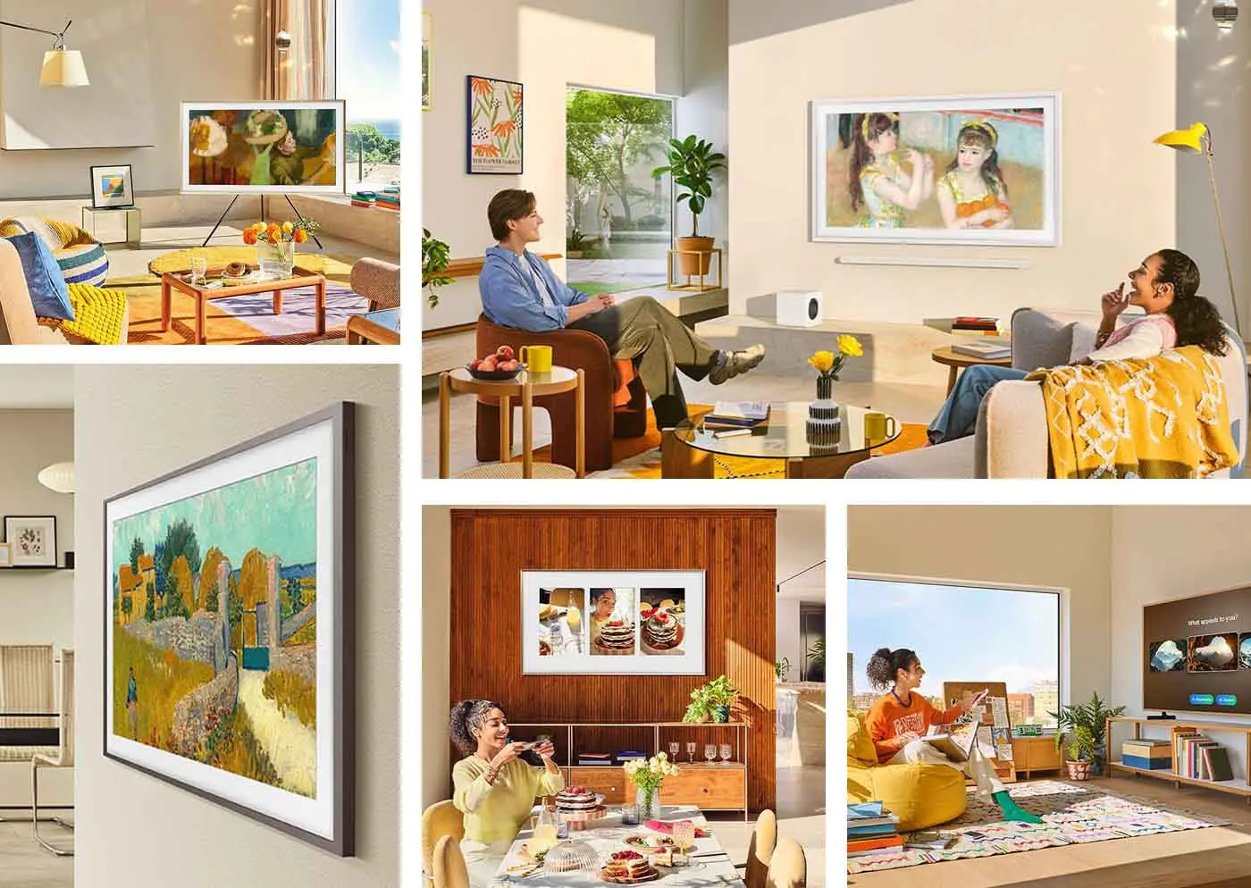 Obrazek złożony z różnych zdjęć, pokazujących The Frame w różnych aranżacjach wnętrz.