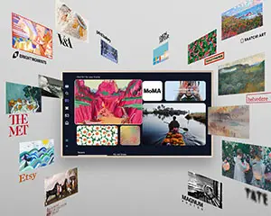 Samsung The Frame w środku z interfejsem aplikacji do wyboru obrazów w ekranie. Dookoła  dzieła sztuki wylatują z ekranu.