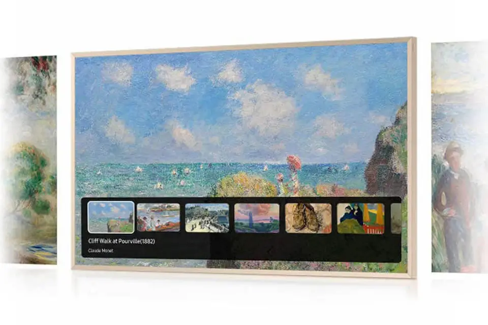 TV wyświetla impresjonistyczne dzieło sztuki dostępne w strumieniach Art Store. Na pasku u dołu ekranu są kolejne.