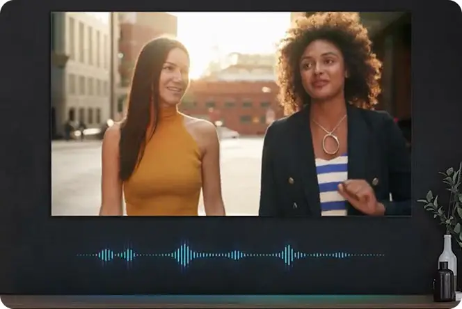 Dwie kobiety rozmawiają, pod obrazkiem fala dźwiękowa symbolizujące dostosowanie dźwięku do sceny