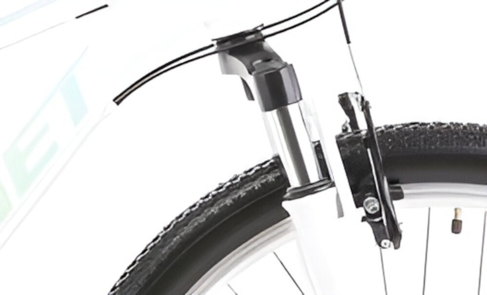 Rower górski MTB ROMET Jolene 6.0 D19 26 cali damski Biało-niebiesko-zielony zbliżenie na amortyzator rower typu hardtail przedni amortyzator ROMET ułatwia najeżdżanie na przeszkody niweluje wstrząsy niska masa roweru duża sztywność regulacja za pomocą sprężyny obsługa poprzez manetkę