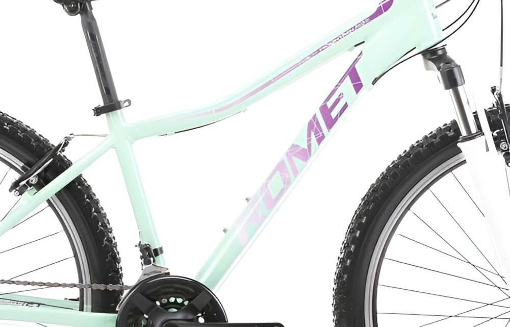 Rower górski MTB ROMET Jolene 6.1 D19 26 cali damski Zielono-fioletowy zbliżenie na ramę w tle trawy 19-calowa aluminiowa ramę rower zwinny lekki łatwo go podnieść odporność na korozję wybór rozmiaru ramy Twój wzrost mierzony w zrelaksowanej pozycji typ roweru dla osób o wzroście od 170 do 178 cm