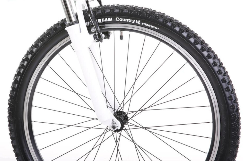 Rower górski MTB ROMET Jolene 6.1 D19 26 cali damski Zielono-fioletowy zbliżenie na oponę rozmiar koła 26 cali łatwe pokonywanie przeszkód duży kontakt koła z podłożem szerokie opony MICHELIN dobra przyczepność dwukomorowe aluminiowe obręcze zachowanie regularnego kształtu kół stabilne trzymanie opony bezpieczna i komfortowa jazda regularne sprawdzanie ciśnienia powietrza wartość na bocznej części opony