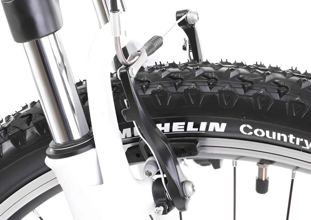 Rower górski MTB ROMET Jolene 6.1 D19 26 cali damski Zielono-fioletowy zbliżenie na przedni hamulec podstawa bezpieczeństwa hamulce V-Brake lekkie duża siła hamowania hamulce z przodu i z tyłu podwójny pakiet bezpieczeństwa