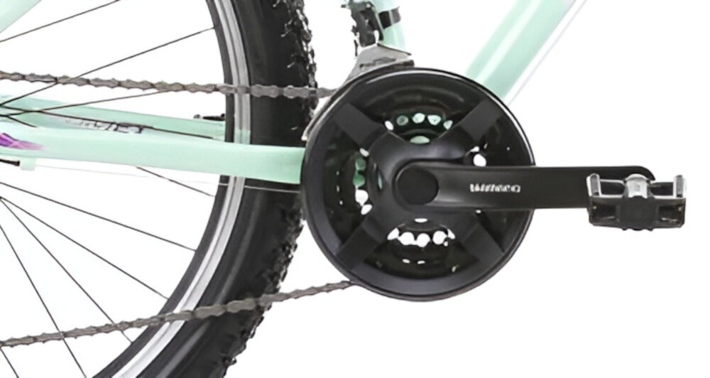 Rower górski MTB ROMET Jolene 6.1 D19 26 cali damski Zielono-fioletowy zbliżenie na korbę do wszechstronnej jazdy terenowej i rekreacyjnej 7-biegową kasetę SHIMANO MF-TZ500 14-28T korba SHIMANO Tourney 42/34/24T TY301 płynna zmiana przełożeń łatwe dopasowanie siły pedałowania do warunków terenu