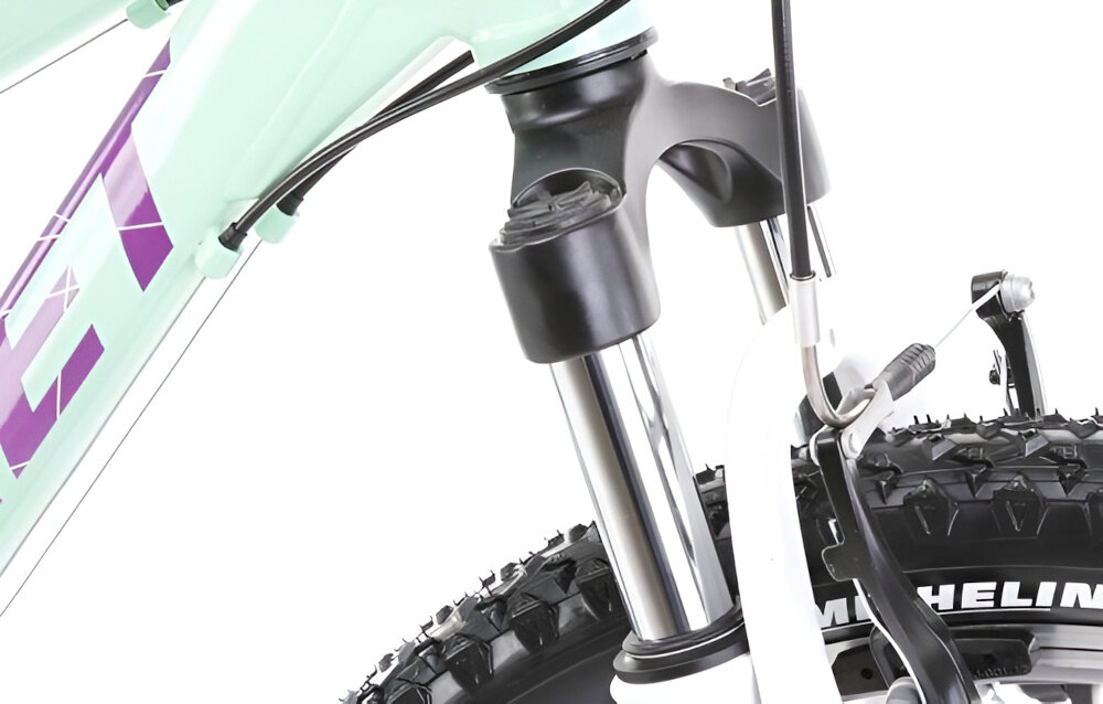 Rower górski MTB ROMET Jolene 6.1 D19 26 cali damski Zielono-fioletowy zbliżenie na amortyzator rower typu hardtail przedni amortyzator ROMET ułatwia najeżdżanie na przeszkody niweluje wstrząsy niska masa roweru duża sztywność regulacja za pomocą sprężyny obsługa poprzez manetkę