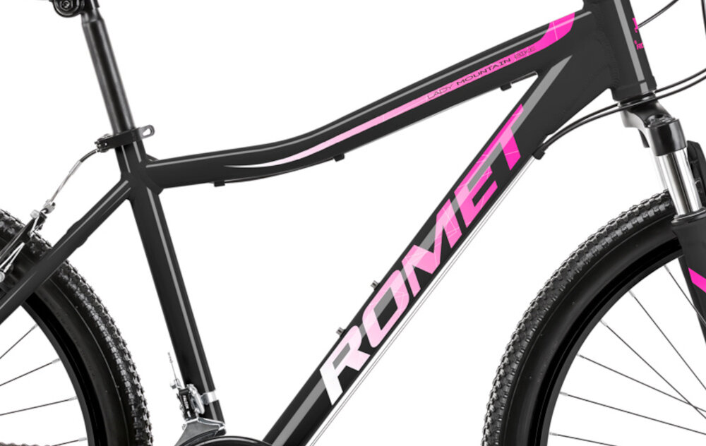 Rower górski MTB ROMET Jolene 6.0 D19 26 cali damski Czarno-różowy zbliżenie na ramę w tle trawy 19-calowa aluminiowa ramę rower zwinny lekki łatwo go podnieść odporność na korozję wybór rozmiaru ramy Twój wzrost mierzony w zrelaksowanej pozycji typ roweru dla osób o wzroście od 170 do 178 cm