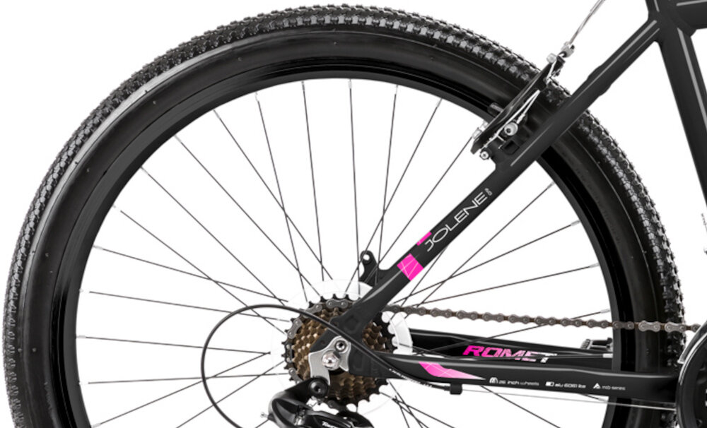 Rower górski MTB ROMET Jolene 6.0 D19 26 cali damski Czarno-różowy zbliżenie na oponę rozmiar koła 26 cali łatwe pokonywanie przeszkód duży kontakt koła z podłożem szerokie opony dobra przyczepność dwukomorowe aluminiowe obręcze zachowanie regularnego kształtu kół stabilne trzymanie opony bezpieczna i komfortowa jazda regularne sprawdzanie ciśnienia powietrza wartość na bocznej części opony