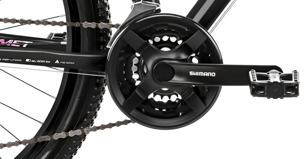 Rower górski MTB ROMET Jolene 6.0 D19 26 cali damski Czarno-różowy zbliżenie na korbę do komfortowej i efektywnej jazdy w terenie wolnobieg ROMET 14-28T 7 Speed korba SHIMANO Tourney 42/34/24T TY301 płynne pokonywanie różnorodnych tras optymalny dobór siły pedałowania