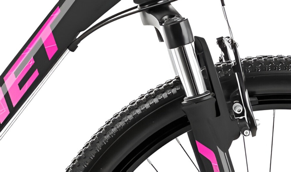 Rower górski MTB ROMET Jolene 6.0 D19 26 cali damski Czarno-różowy zbliżenie na amortyzator rower typu hardtail przedni amortyzator ROMET ułatwia najeżdżanie na przeszkody niweluje wstrząsy niska masa roweru duża sztywność regulacja za pomocą sprężyny obsługa poprzez manetkę
