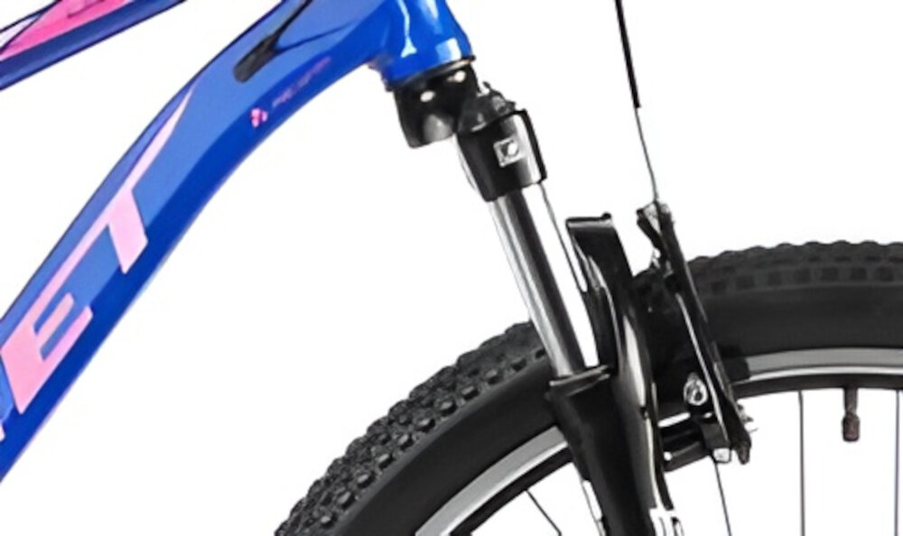 Rower górski MTB ROMET Jolene 7.0 D19 27.5 cali damski Niebiesko-różowy zbliżenie na amortyzator rower typu hardtail przedni amortyzator SUNTOUR typu XCE-P ułatwia najeżdżanie na przeszkody niweluje wstrząsy niska masa roweru duża sztywność regulacja za pomocą sprężyny obsługa poprzez manetkę