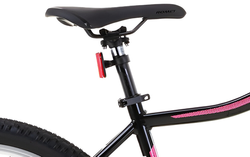 Rower górski MTB ROMET Jolene 6.3 JB D17 26 cali damski Czarno-różowy siodełko na białym tle siodełko ROMET aluminiowa sztyca ROMET o średnicy 27,2 mm i długości 300 mm można dopasować wysokość siodła do wzrostu użytkownika i stylu jazdy lekka konstrukcja sztycy wspiera manewrowanie rowerem ergonomiczne ułożenie siodełka minimalizuje zmęczenie