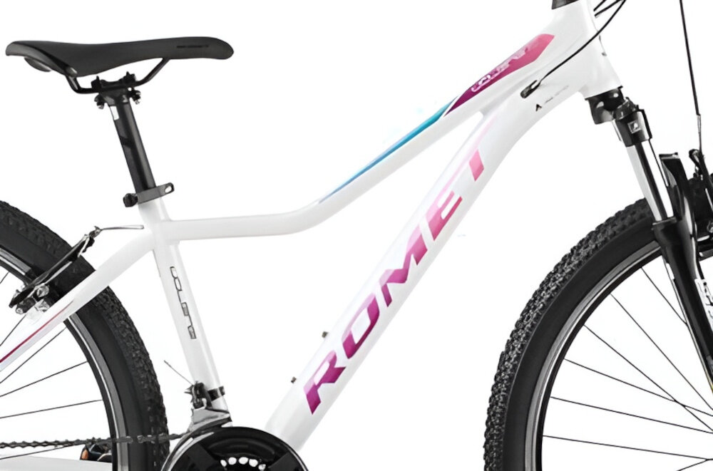Rower górski MTB ROMET Jolene 7.0 JB D19 27.5 cali damski Biały zbliżenie na ramę 19-calowa aluminiowa ramę rower zwinny lekki łatwo go podnieść odporność na korozję wybór rozmiaru ramy Twój wzrost mierzony w zrelaksowanej pozycji typ roweru dla osób o wzroście od 163 do 180 cm