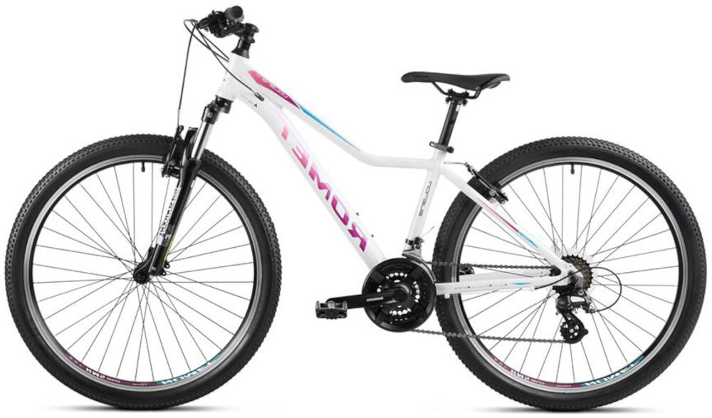 Rower górski MTB ROMET Jolene 7.0 JB D19 27.5 cali damski Biały rower na białym tle widoczny z boku kierownica marki RMT typu Components 680mm / 31.8mm aluminiowy wsporniku lekkość trwałość antypoślizgowy materiał pewny chwyt specjalne gwinty możliwość przymocowania uchwytu na bidon