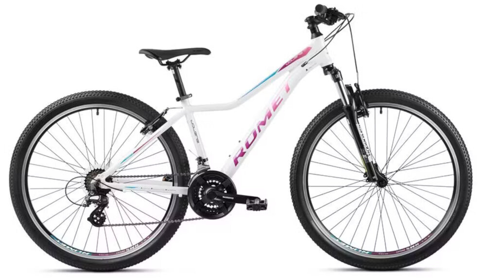 Rower górski MTB ROMET Jolene 7.0 D17 27.5 cali damski Biały rower na białym tle widoczny z boku góral pojazd dla sportowców do jazdy wyczynowej uniwersalny dla amatorów zwrotny łatwo wchodzi w zakręty do jazdy w mieście za miastem w lesie na górskim szlaku w błocie nie za głębokim piachu
