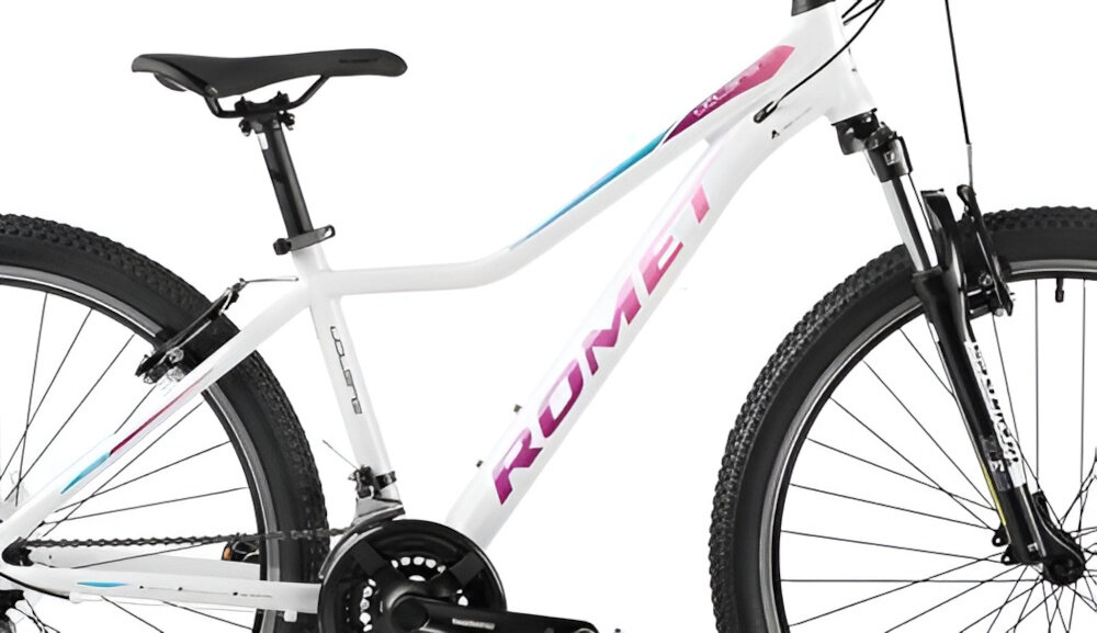 Rower górski MTB ROMET Jolene 7.0 D17 27.5 cali damski Biały zbliżenie na ramę w tle trawy 17-calowa aluminiowa ramę rower zwinny lekki łatwo go podnieść odporność na korozję wybór rozmiaru ramy Twój wzrost mierzony w zrelaksowanej pozycji typ roweru dla osób o wzroście od 165 do 175 cm