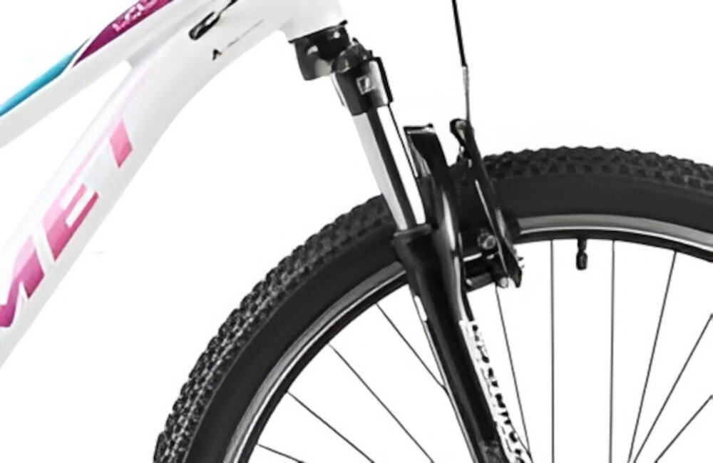 Rower górski MTB ROMET Jolene 7.0 D17 27.5 cali damski Biały zbliżenie na amortyzator rower typu hardtail przedni amortyzator SUNTOUR typu XCE-P ułatwia najeżdżanie na przeszkody niweluje wstrząsy niska masa roweru duża sztywność regulacja za pomocą sprężyny obsługa poprzez manetkę