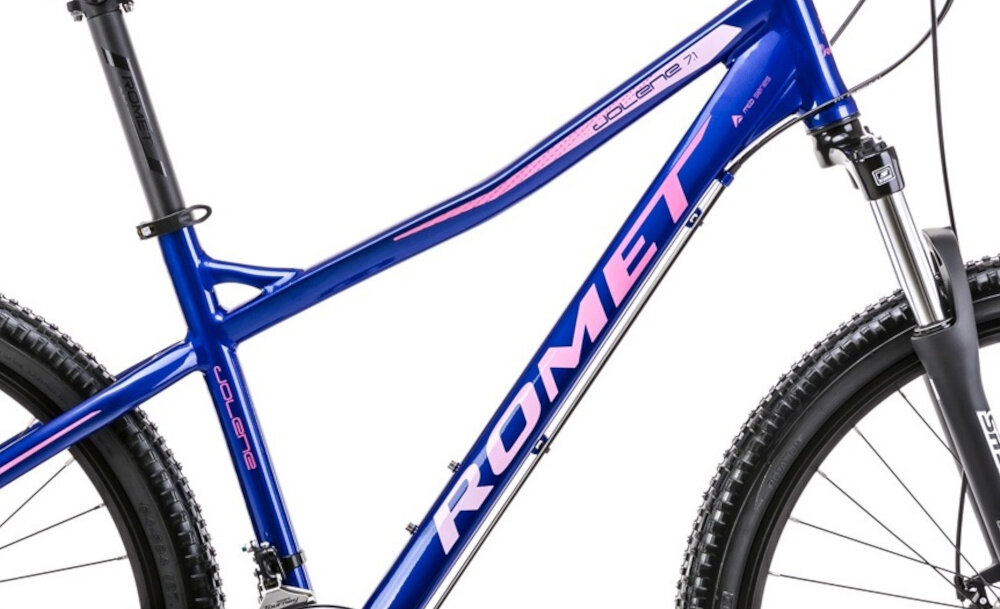 Rower górski MTB ROMET Jolene 7.1 D19 27.5 cala damski Granatowy zbliżenie na ramę 19-calowa aluminiowa ramę rower zwinny lekki łatwo go podnieść odporność na korozję wybór rozmiaru ramy Twój wzrost mierzony w zrelaksowanej pozycji typ roweru dla osób o wzroście od 170 do 178 cm