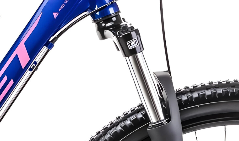 Rower górski MTB ROMET Jolene 7.1 D19 27.5 cala damski Granatowy zbliżenie na amortyzator rower typu hardtail przedni amortyzator marki SUNTOUR typ XCE długość skoku 100 mm ułatwia najeżdżanie na przeszkody niweluje wstrząsy niska masa roweru duża sztywność regulacja za pomocą sprężyny obsługa poprzez manetkę