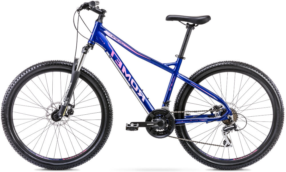 Rower górski MTB ROMET Jolene 7.1 D19 27.5 cala damski Granatowy rower na białym tle widoczny z boku kierownica marki RMT typu Components 680mm / 31.8mm aluminiowy wsporniku lekkość trwałość antypoślizgowy materiał pewny chwyt specjalne gwinty możliwość przymocowania uchwytu na bidon