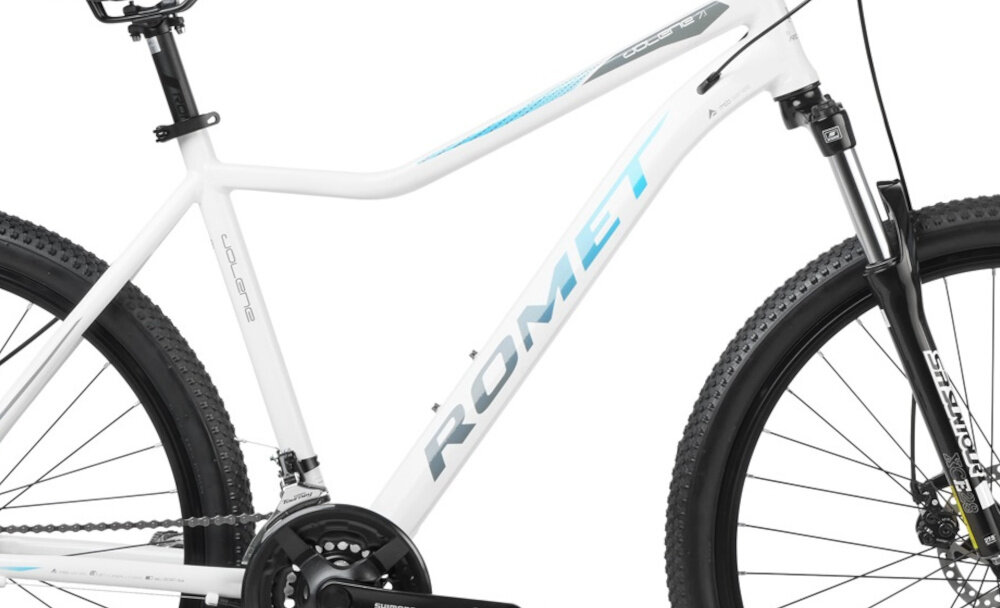 Rower górski MTB ROMET Jolene 7.1 D19 27.5 cala damski Biały zbliżenie na ramę 19-calowa aluminiowa ramę rower zwinny lekki łatwo go podnieść odporność na korozję wybór rozmiaru ramy Twój wzrost mierzony w zrelaksowanej pozycji typ roweru dla osób o wzroście od 170 do 178 cm