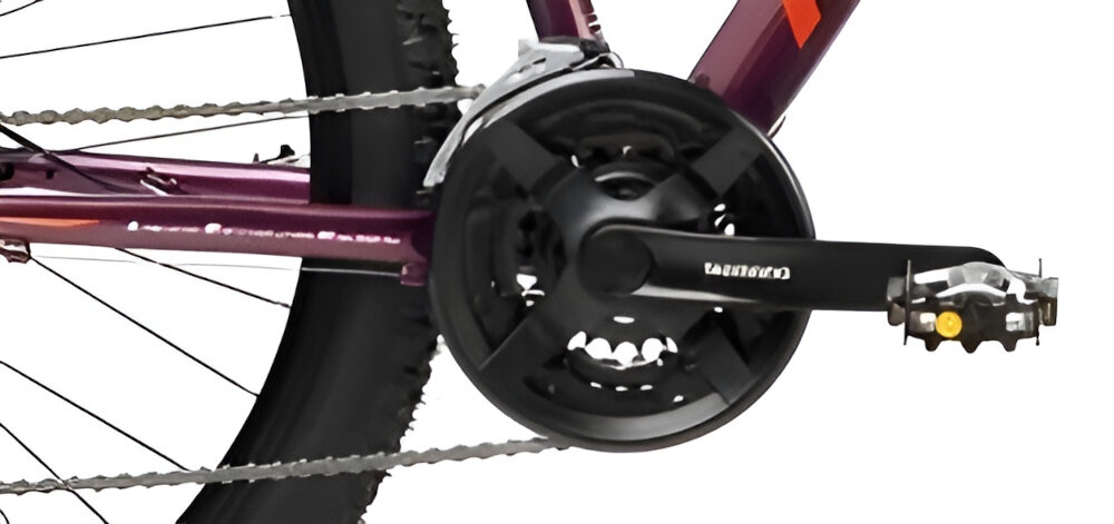 Rower górski MTB ROMET Jolene 7.2 JA D19 27.5 cala damski Purpurowo-pomarańczowy zbliżenie na korbę do wszechstronnej jazdy terenowej i rekreacyjnej kaseta SHIMANO typu CS-HG31 11-34T korba SHIMANO Tourney typu TY301 24/34/42 x 170 mm płynna zmiana przełożeń łatwe dopasowanie siły pedałowania do warunków terenu