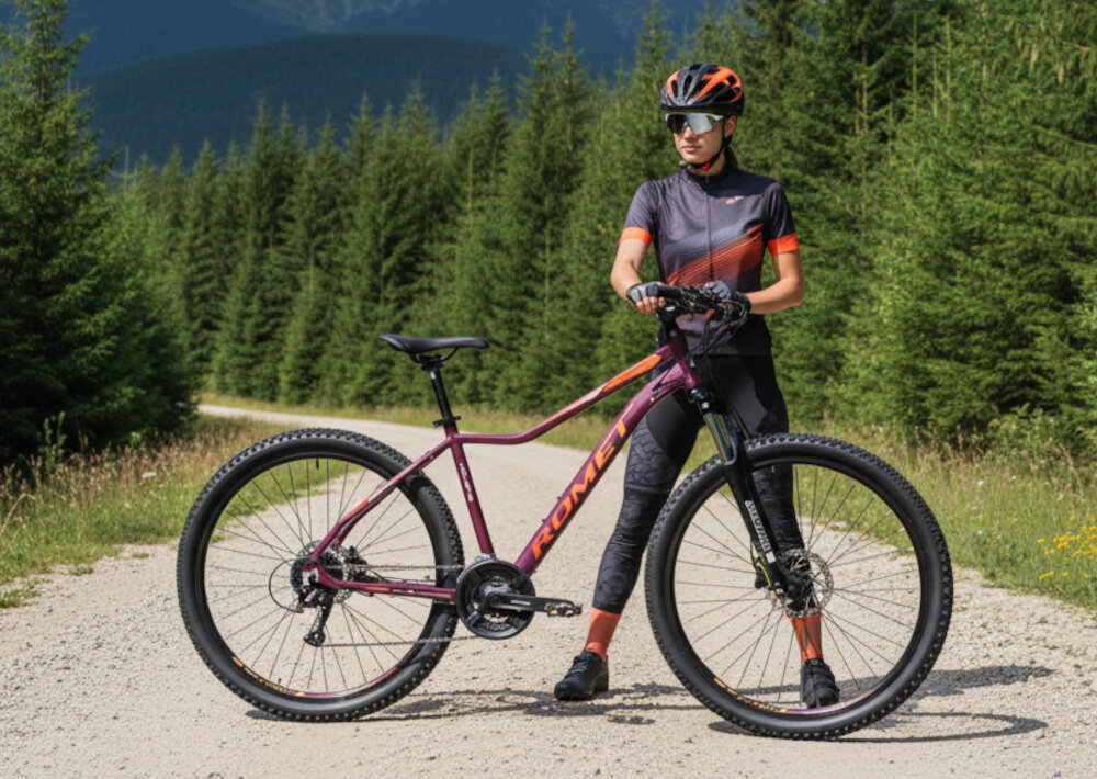 Rower górski MTB ROMET Jolene 7.2 JA D17 27.5 cala damski Purpurowo-pomarańczowy góry droga niebo osoba jedzie na rowerze po drodze środek codziennego transportu relaks pasja uniwersalność