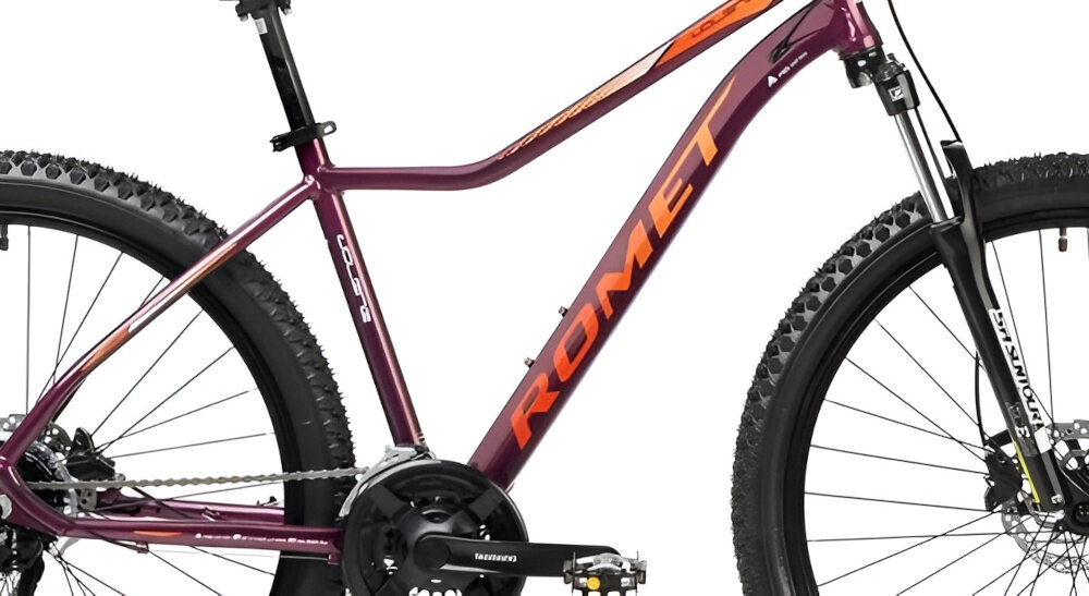 Rower górski MTB ROMET Jolene 7.2 JA D17 27.5 cala damski Purpurowo-pomarańczowy zbliżenie na ramę w tle trawy 17-calowa aluminiowa ramę rower zwinny lekki łatwo go podnieść odporność na korozję wybór rozmiaru ramy Twój wzrost mierzony w zrelaksowanej pozycji typ roweru dla osób o wzroście od 162 do 172 cm