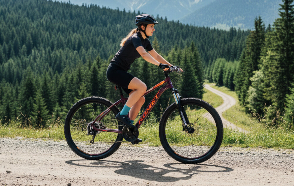 Rower górski MTB ROMET Jolene 7.2 D15 27.5 cala damski Purpurowy góry droga niebo osoba jedzie na rowerze po drodze środek codziennego transportu relaks pasja uniwersalność