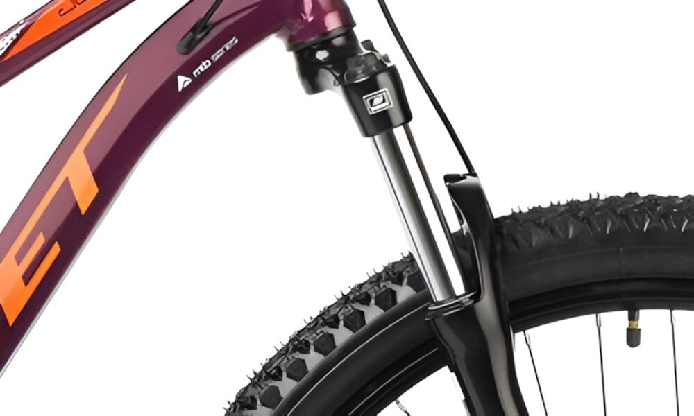 Rower górski MTB ROMET Jolene 7.2 D15 27.5 cala damski Purpurowy zbliżenie na amortyzator rower typu hardtail przedni amortyzator SUNTOUR typu XCE ze skokiem 100 mm ułatwia najeżdżanie na przeszkody niweluje wstrząsy niska masa roweru duża sztywność regulacja za pomocą sprężyny obsługa poprzez manetkę