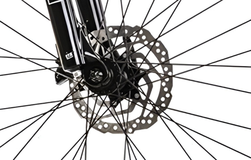 Rower górski MTB ROMET Mustang M7.1 U21 27.5 cala Ciemnoniebieski zbliżenie na hamulec podstawa bezpieczeństwa hamulce tarczowe hydrauliczne sprawdzają w każdych warunkach pogodowych i na każdej trasie duża siła hamowania płyn hamulcowy hamulce z przodu i z tyłu podwójny pakiet bezpieczeństwa