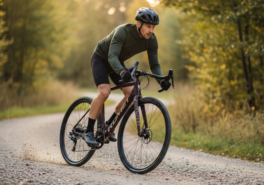 Rower gravel ROMET Nyk U22 28 cali Brązowo-beżowy 2024 droga las łąka osoba jedzie na rowerze po drodze środek transportu relaks pasja jazda na rowerze